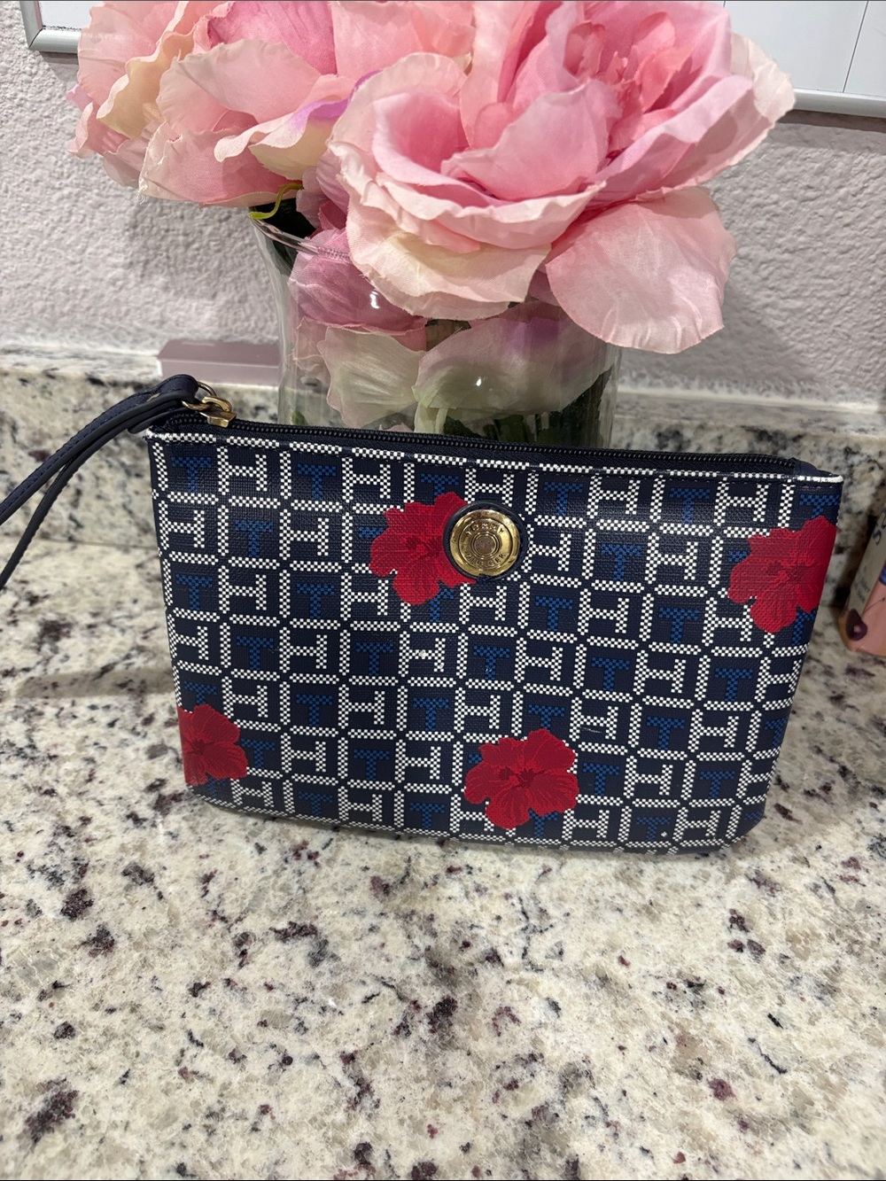 Tommy Hilfiger Navy Wristlet with Red Floral Accents